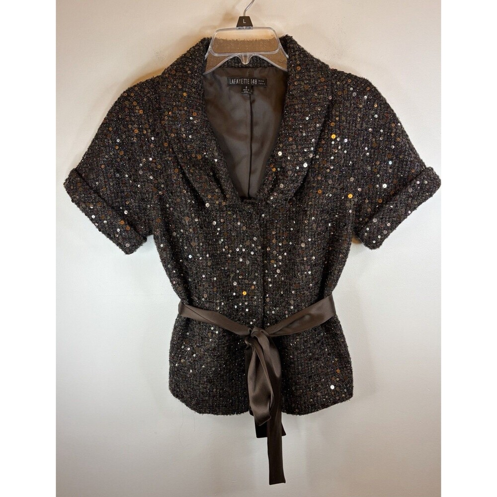 LAFAYETTE 148 Brown Sequin Tweed Blazer Jacket 8 Tie Waist Lined Quiet Luxury